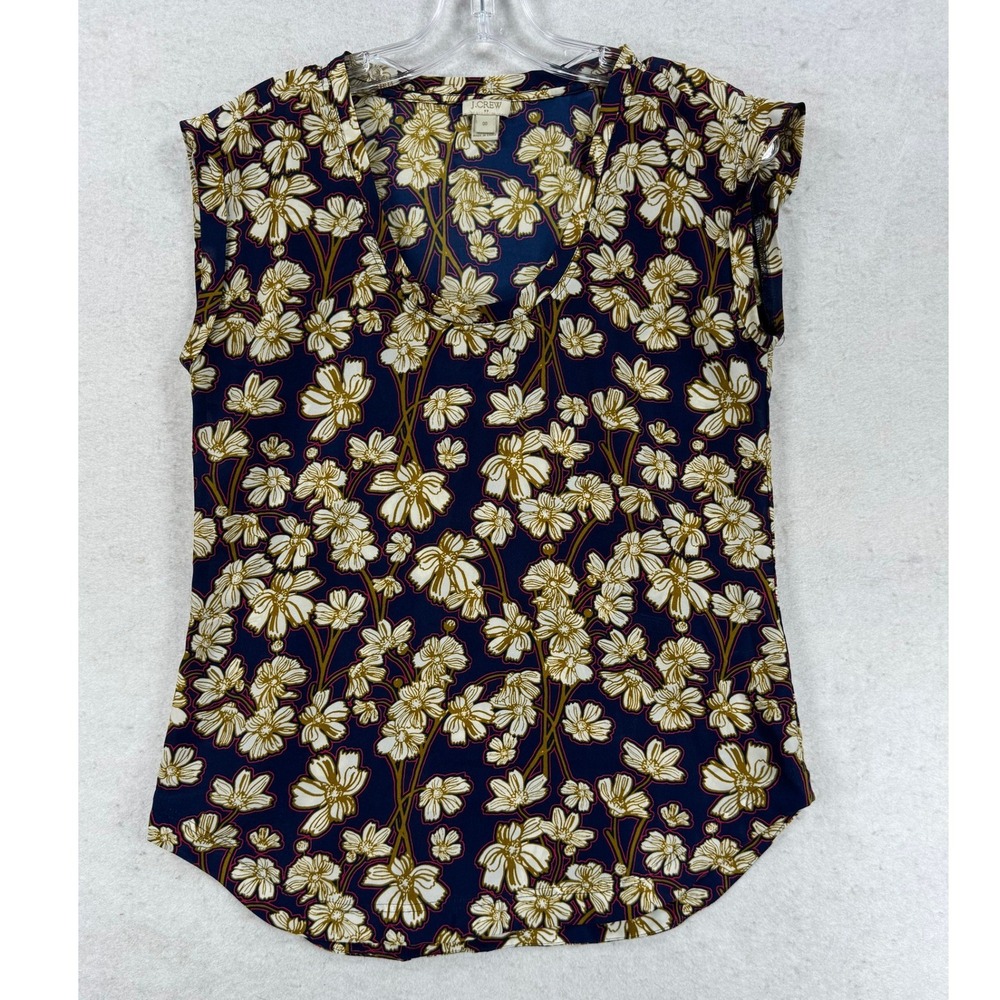 J.Crew Navy Floral V-Neck Cap Sleeve Blouse Top F1057 Womens Size 00